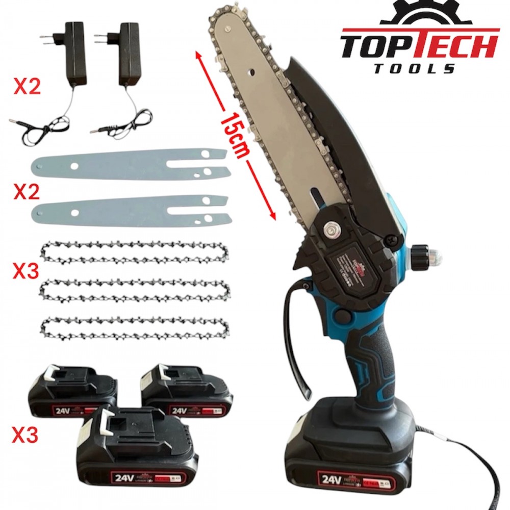 Επαναφορτιζόμενο Kλαδευτικό Αλυσοπρίονο TOPTECH Με Αυτόματη Λίπανση και 3 Μπαταρίες 24V/5AH